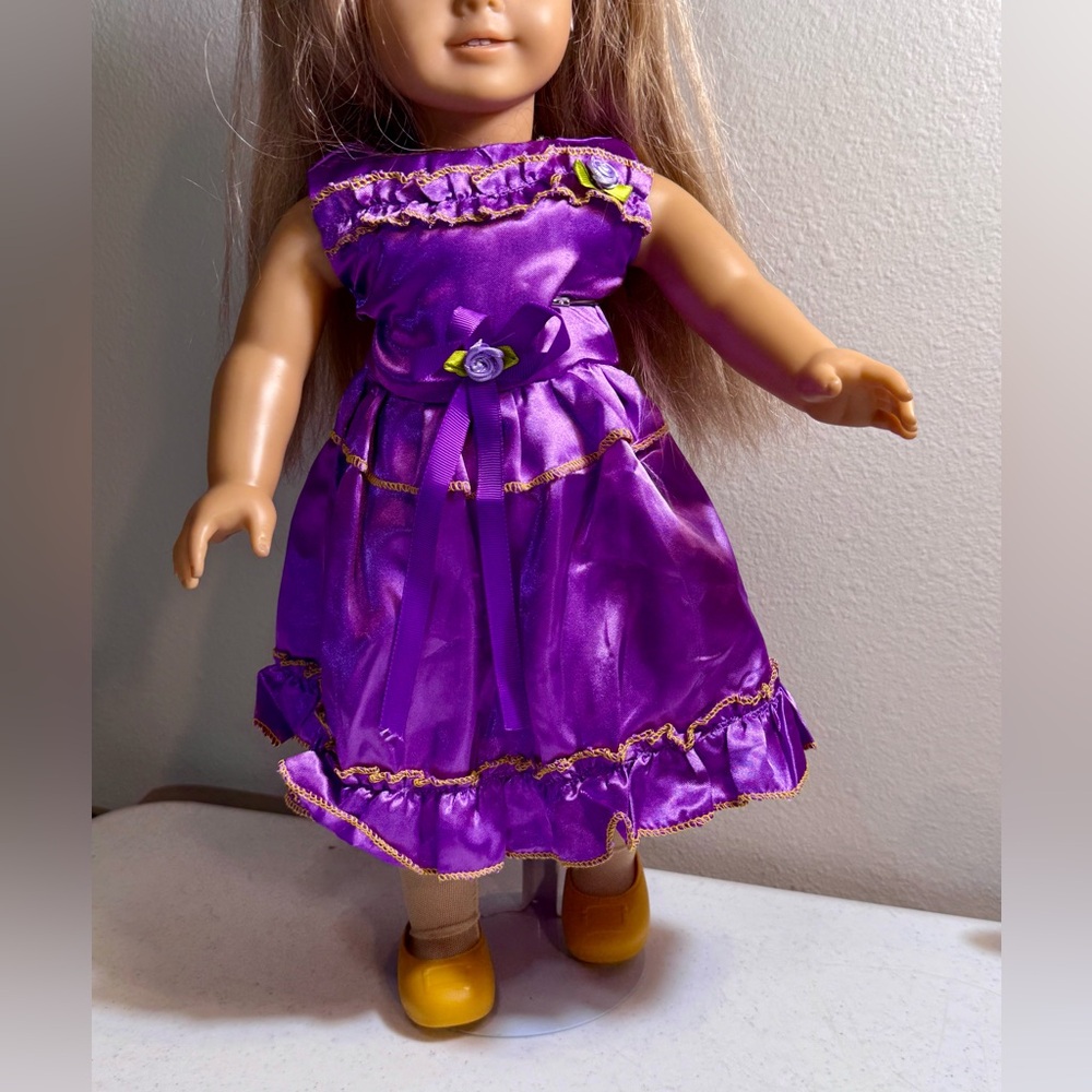 Hand made formal purple satin dress with gold threading and shoes fits 18” dolls
